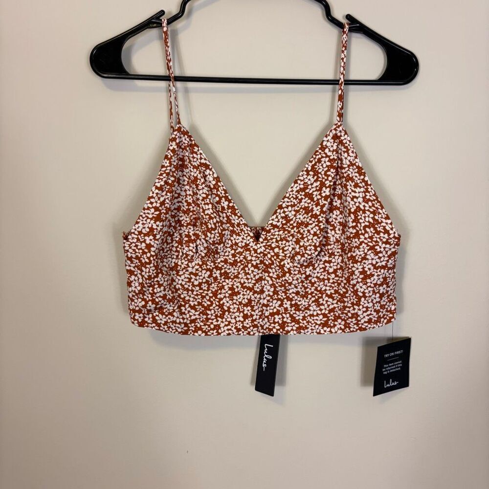 New Lulu's Orange with White Floral Print Triangle Cropped Tank Top Size Large